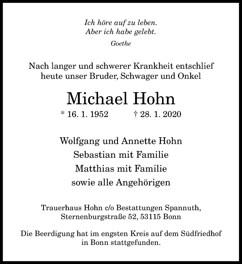  Traueranzeige für Michael Hohn vom 08.02.2020 aus General-Anzeiger Bonn