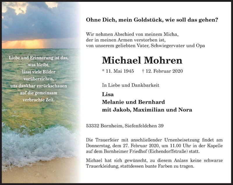  Traueranzeige für Michael Mohren vom 22.02.2020 aus General-Anzeiger Bonn