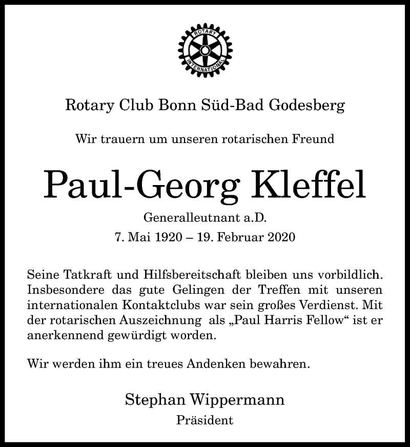  Traueranzeige für Paul-Georg Kleffel vom 22.02.2020 aus General-Anzeiger Bonn