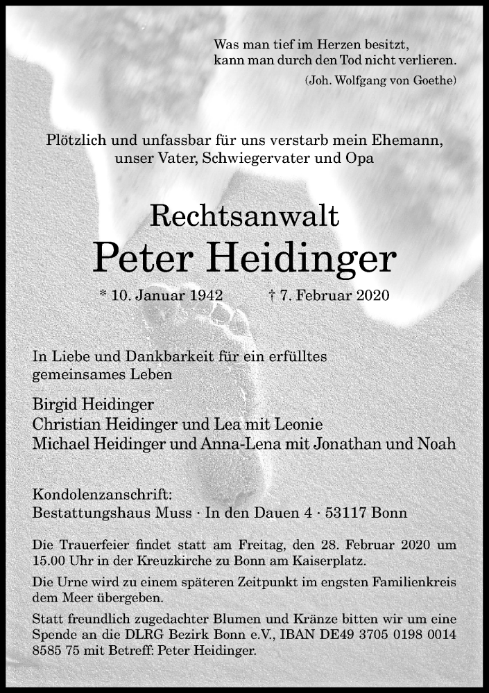  Traueranzeige für Peter Heidinger vom 15.02.2020 aus General-Anzeiger Bonn