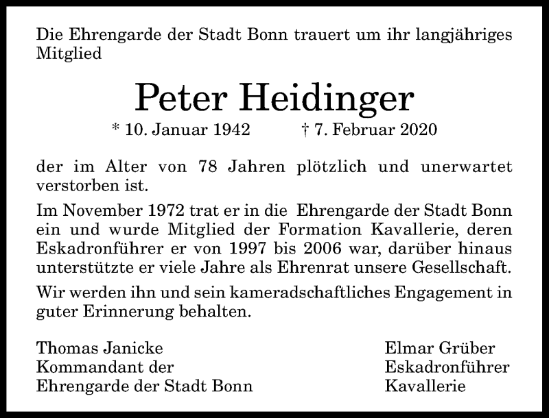  Traueranzeige für Peter Heidinger vom 15.02.2020 aus General-Anzeiger Bonn