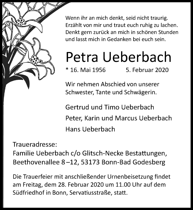  Traueranzeige für Petra Ueberbach vom 15.02.2020 aus General-Anzeiger Bonn