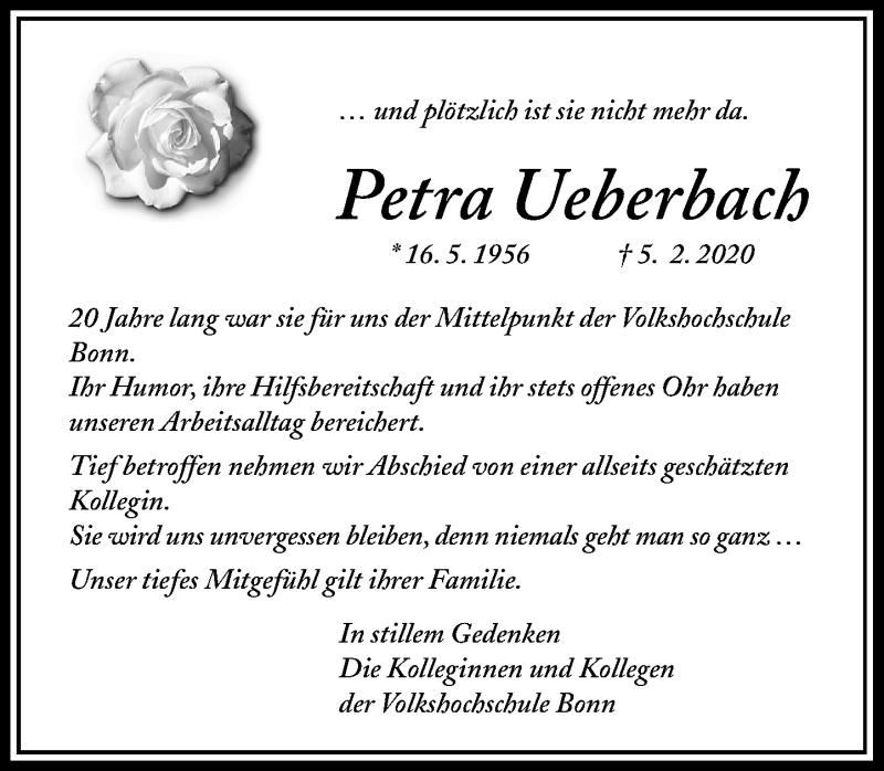 Traueranzeige für Petra Ueberbach vom 15.02.2020 aus General-Anzeiger Bonn