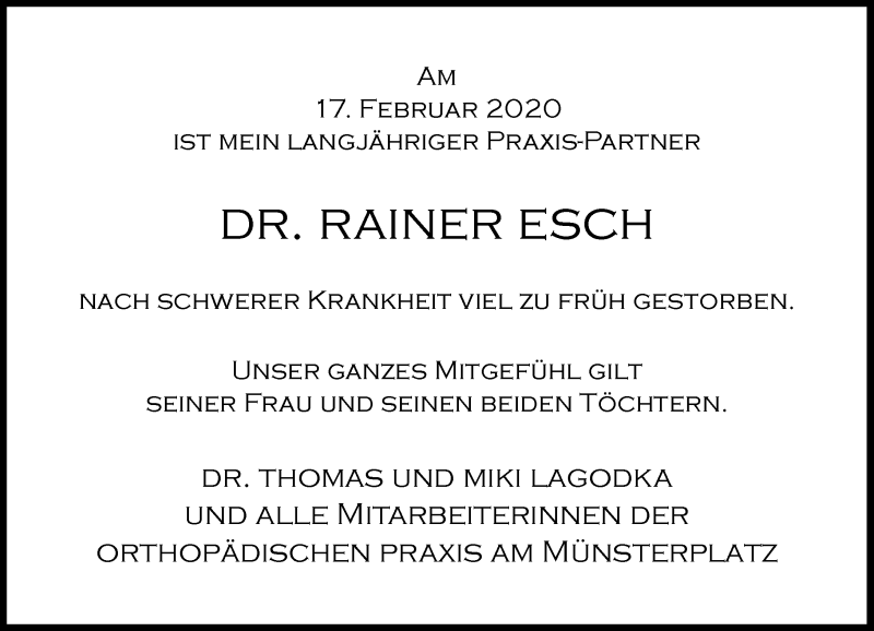  Traueranzeige für Rainer Esch vom 26.02.2020 aus General-Anzeiger Bonn