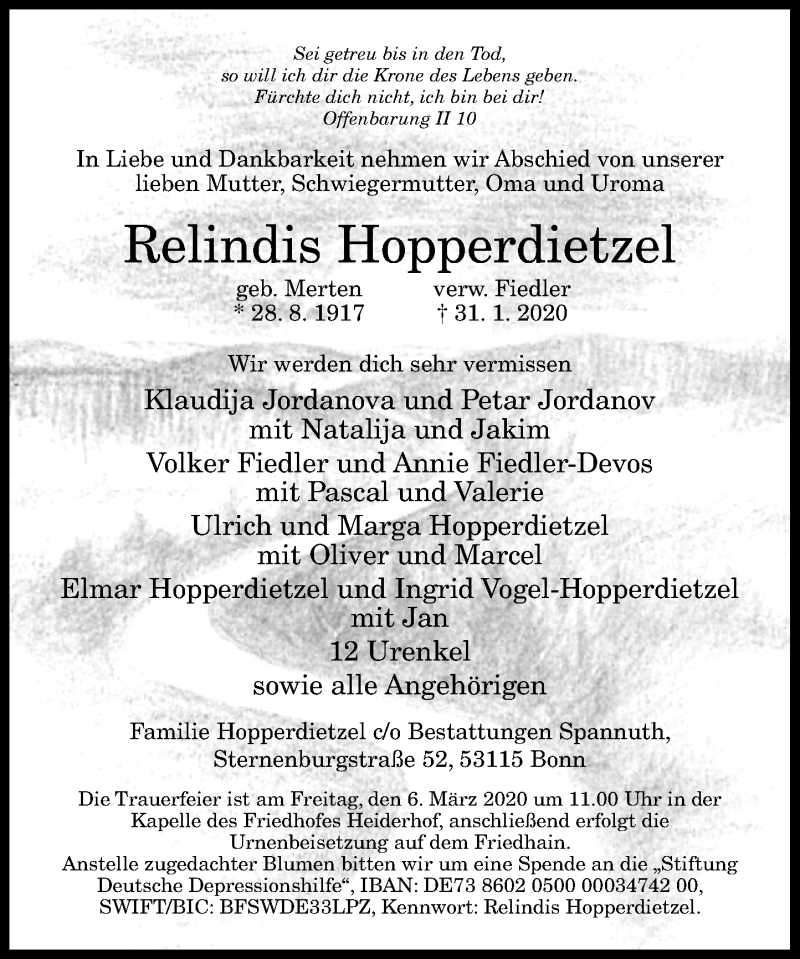  Traueranzeige für Relindis Hopperdietzel vom 15.02.2020 aus General-Anzeiger Bonn