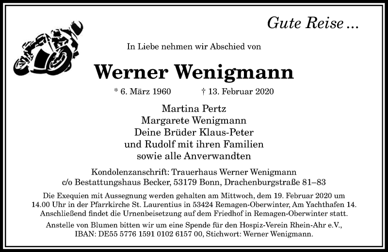  Traueranzeige für Werner Wenigmann vom 15.02.2020 aus General-Anzeiger Bonn