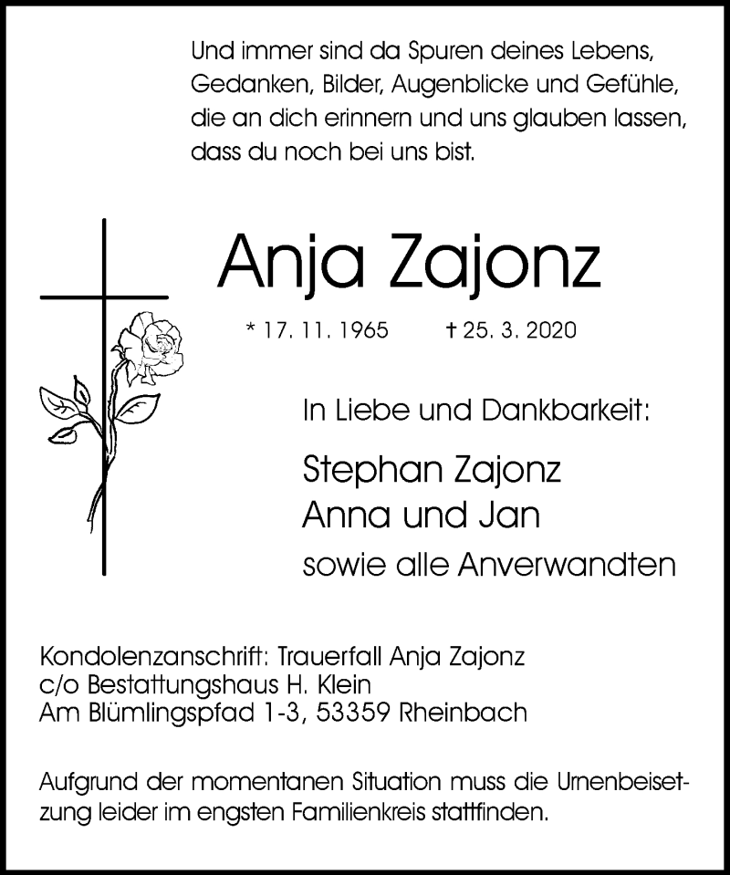  Traueranzeige für Anja Zajonz vom 28.03.2020 aus General-Anzeiger Bonn