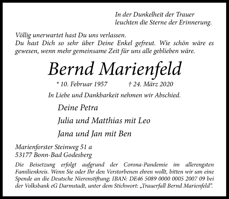  Traueranzeige für Bernd Marienfeld vom 28.03.2020 aus General-Anzeiger Bonn