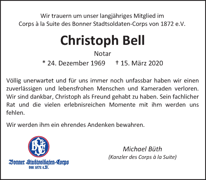  Traueranzeige für Christoph Bell vom 04.04.2020 aus General-Anzeiger Bonn