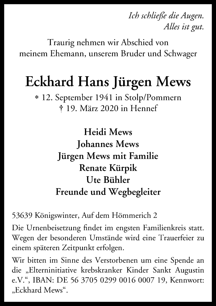  Traueranzeige für Eckhard Hans Jürgen Mews vom 28.03.2020 aus General-Anzeiger Bonn