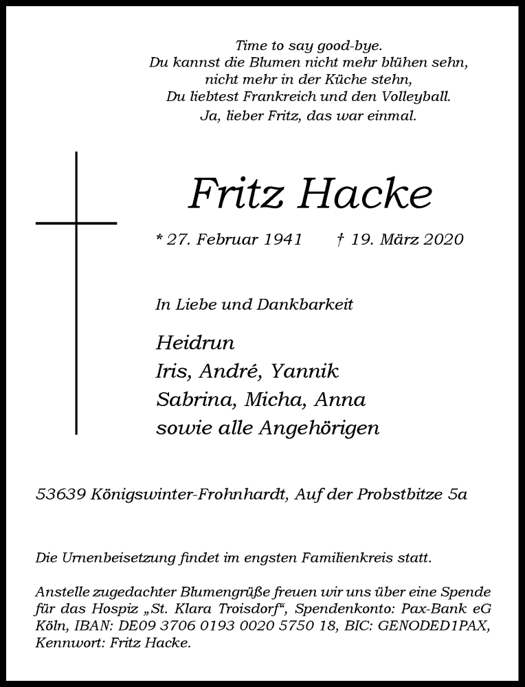  Traueranzeige für Fritz Hacke vom 28.03.2020 aus General-Anzeiger Bonn