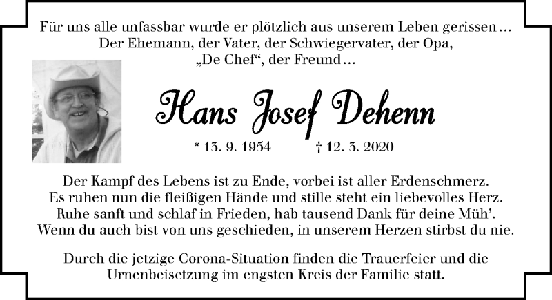  Traueranzeige für Hans Josef Dehenn vom 28.03.2020 aus General-Anzeiger Bonn
