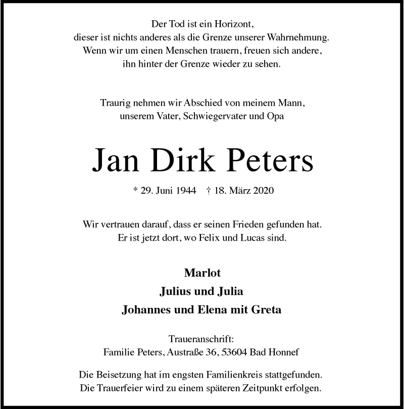  Traueranzeige für Jan Dirk Peters vom 25.03.2020 aus General-Anzeiger Bonn