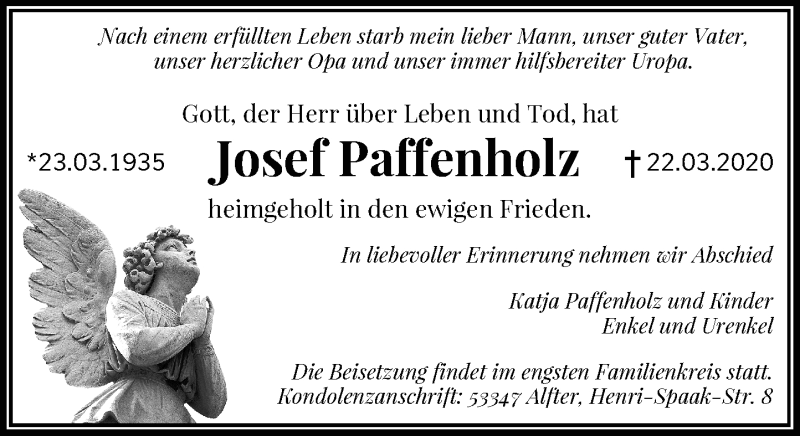  Traueranzeige für Josef Paffenholz vom 28.03.2020 aus General-Anzeiger Bonn