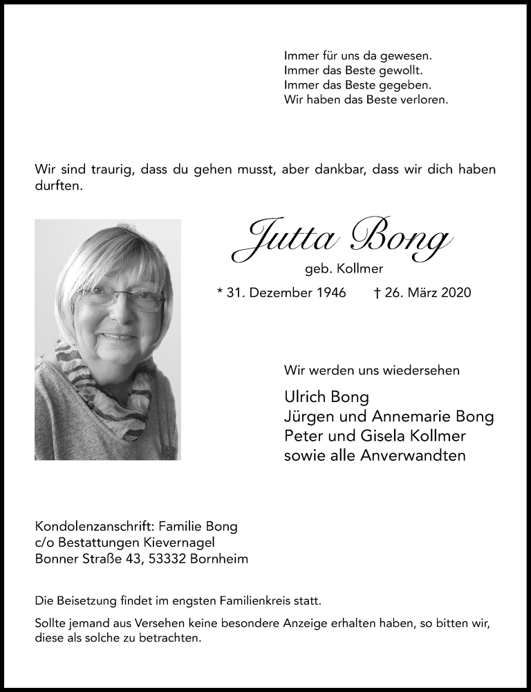  Traueranzeige für Jutta Bong vom 28.03.2020 aus General-Anzeiger Bonn