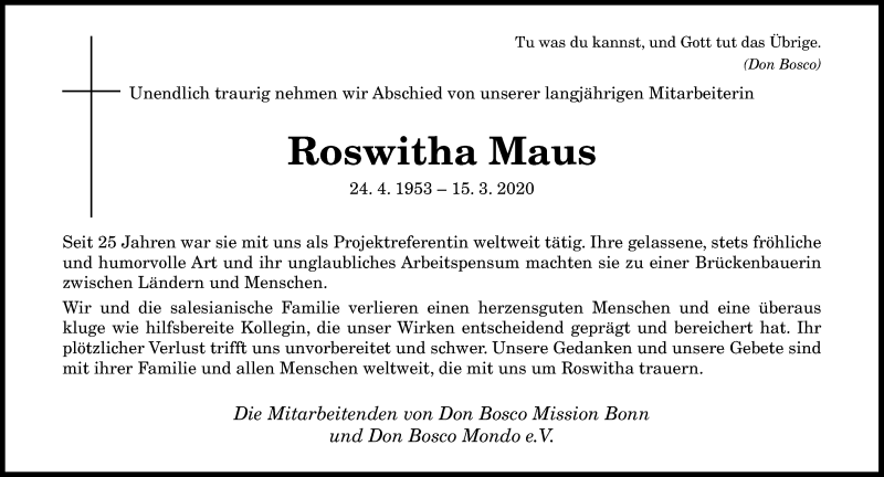  Traueranzeige für Roswitha Maus vom 21.03.2020 aus General-Anzeiger Bonn