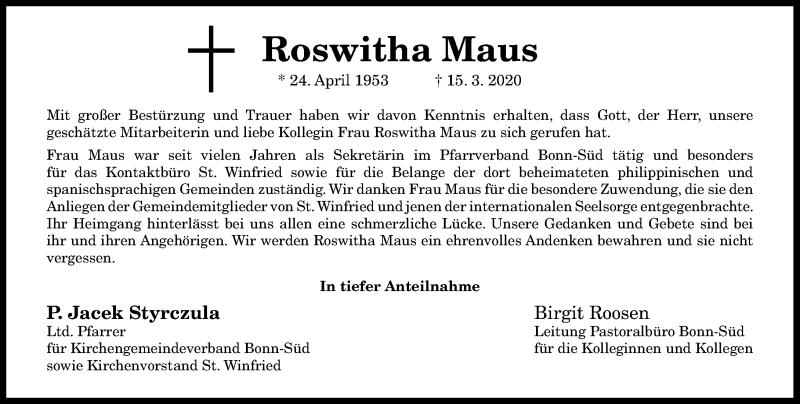  Traueranzeige für Roswitha Maus vom 21.03.2020 aus General-Anzeiger Bonn