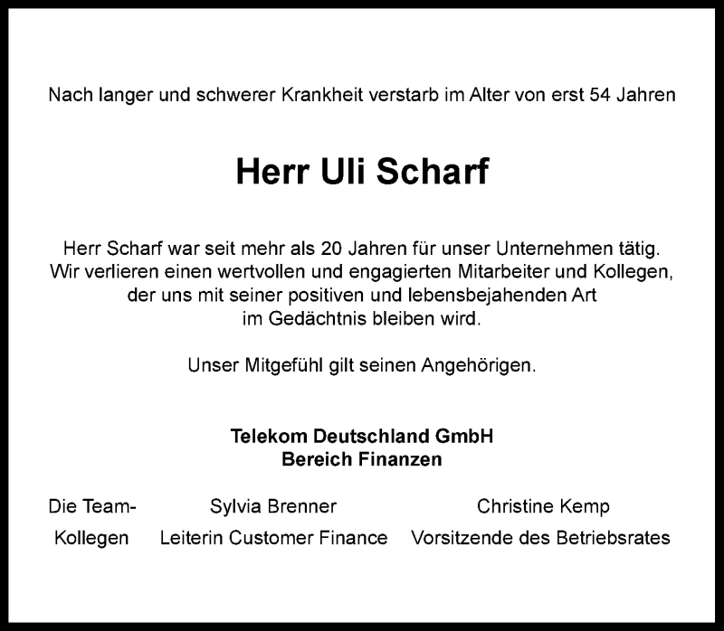  Traueranzeige für Uli Scharf vom 28.03.2020 aus General-Anzeiger Bonn