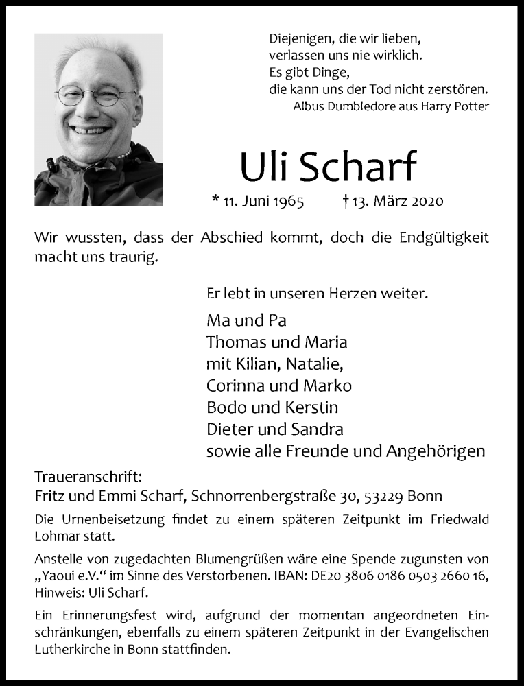  Traueranzeige für Uli Scharf vom 21.03.2020 aus General-Anzeiger Bonn