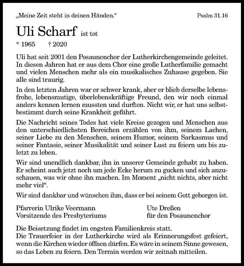  Traueranzeige für Uli Scharf vom 21.03.2020 aus General-Anzeiger Bonn