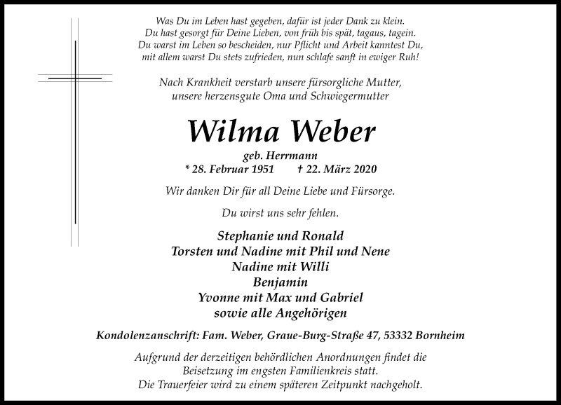  Traueranzeige für Wilma Weber vom 28.03.2020 aus General-Anzeiger Bonn