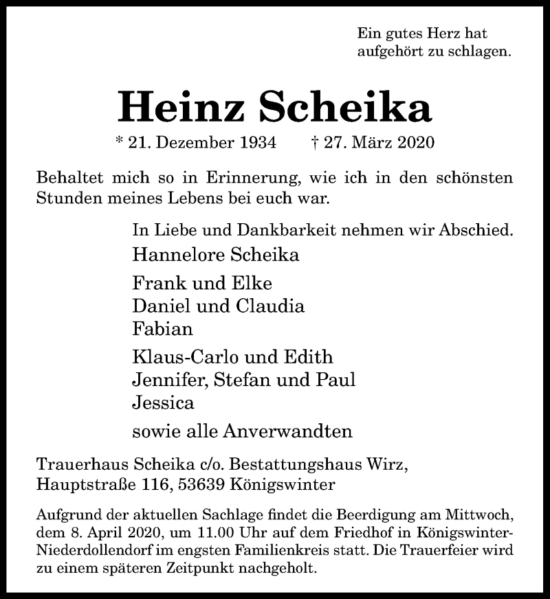  Traueranzeige für Heinz Scheika vom 04.04.2020 aus General-Anzeiger Bonn