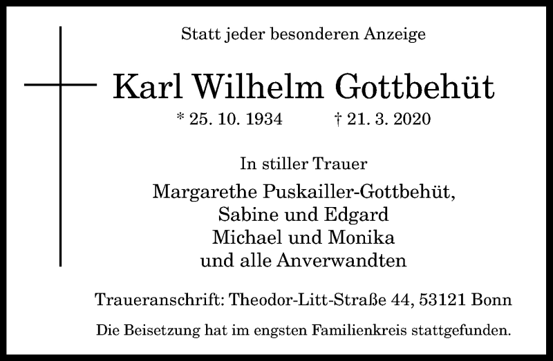  Traueranzeige für Karl Wilhelm Gottbehüt vom 04.04.2020 aus General-Anzeiger Bonn