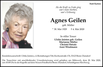 Anzeige von Agnes Geilen von General-Anzeiger Bonn