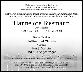 Anzeige von Hannelore Bissmann von General-Anzeiger Bonn