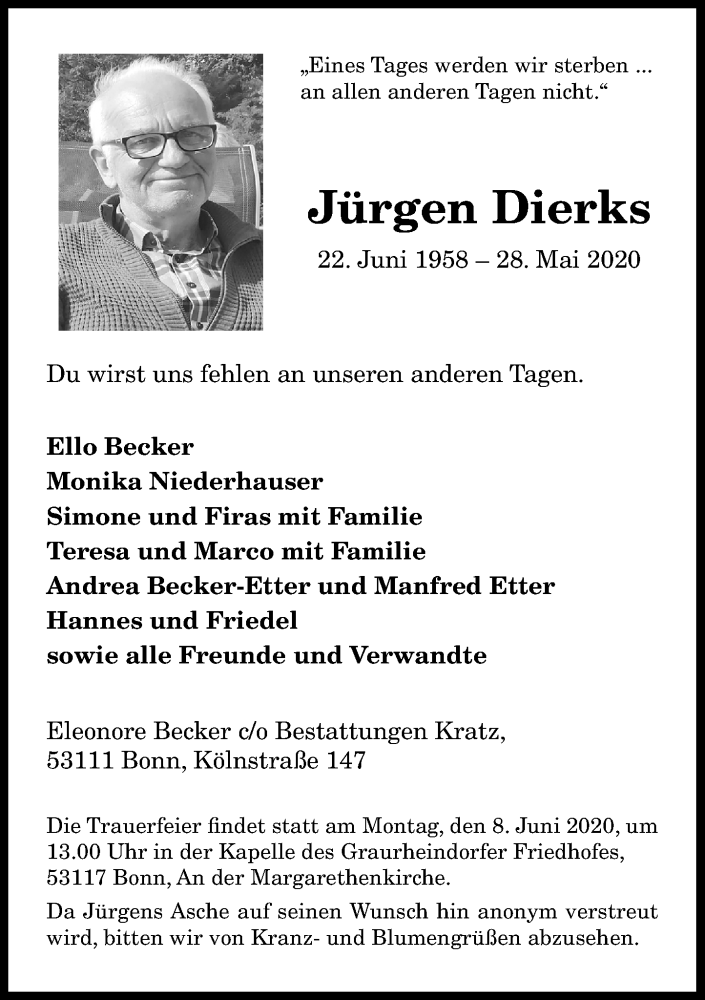  Traueranzeige für Jürgen Dierks vom 30.05.2020 aus General-Anzeiger Bonn