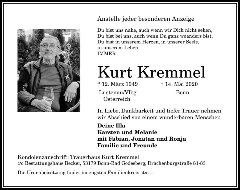  Traueranzeige für Kurt Kremmel vom 20.05.2020 aus General-Anzeiger Bonn