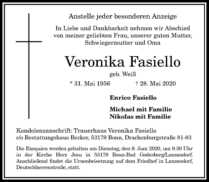  Traueranzeige für Veronika Fasiello vom 30.05.2020 aus General-Anzeiger Bonn
