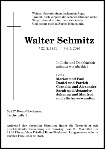Anzeige von Walter Schmitz von General-Anzeiger Bonn