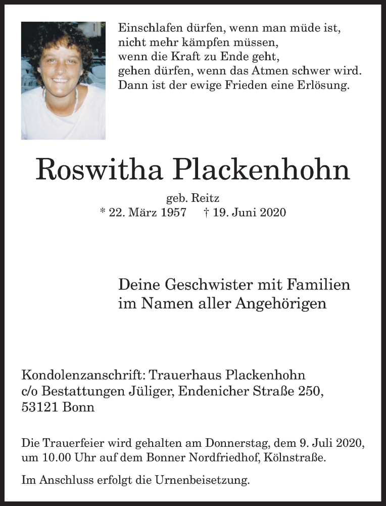  Traueranzeige für Roswitha Plackenhohn vom 04.07.2020 aus General-Anzeiger Bonn