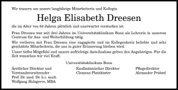 Anzeige von Helga Elisabeth Dreesen von General-Anzeiger Bonn