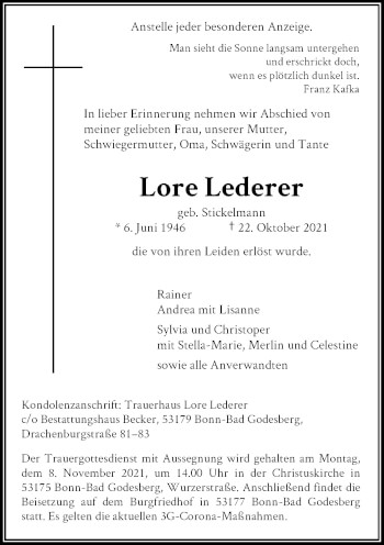 Anzeige von Lore Lederer von General-Anzeiger Bonn