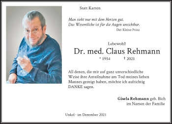 Anzeige von Claus Rehmann von General-Anzeiger Bonn
