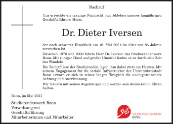 Anzeige von Dieter Iversen von General-Anzeiger Bonn