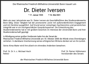 Anzeige von Dieter Iversen von General-Anzeiger Bonn