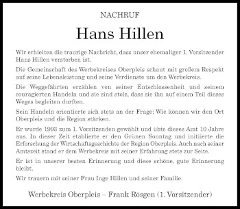 Anzeige von Hans Hillen von General-Anzeiger Bonn