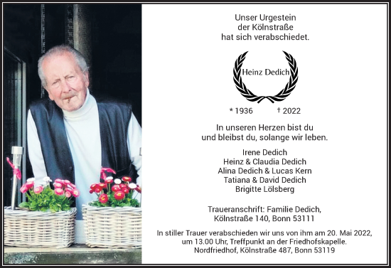 Anzeige von Heinz Dedich von General-Anzeiger Bonn
