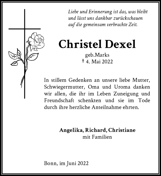 Anzeige von Christel Dexel von General-Anzeiger Bonn
