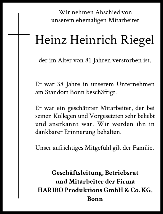 Anzeige von Heinz  Riegel von General-Anzeiger Bonn