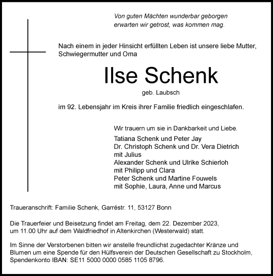 Anzeige von Ilse Schenk von General-Anzeiger Bonn