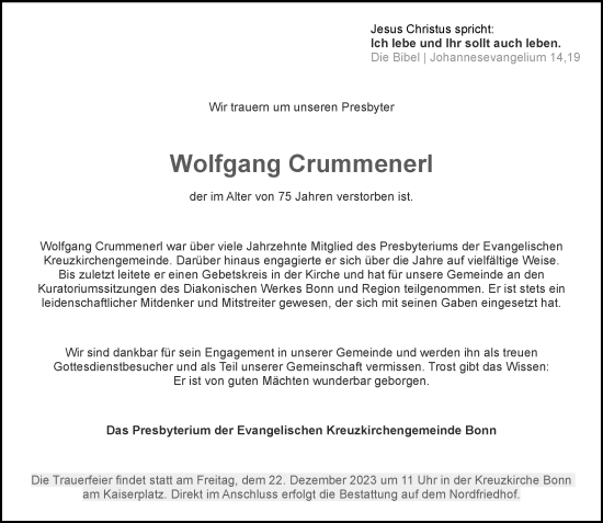 Anzeige von Wolfgang Crummenerl von General-Anzeiger Bonn