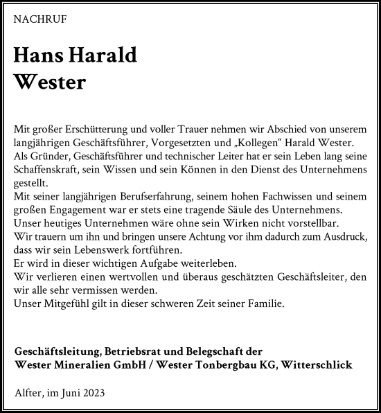 Anzeige von Hans Harald Wester von General-Anzeiger Bonn