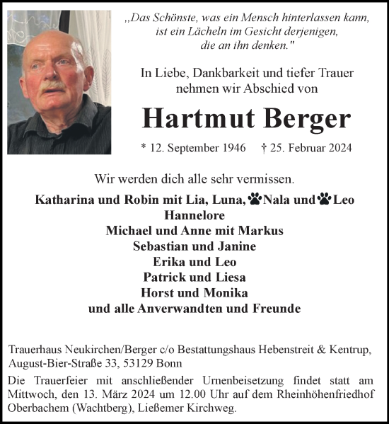 Anzeige von Hartmut Berger von General-Anzeiger Bonn