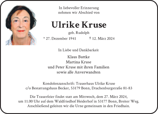 Anzeige von Ulrike Kruse von General-Anzeiger Bonn