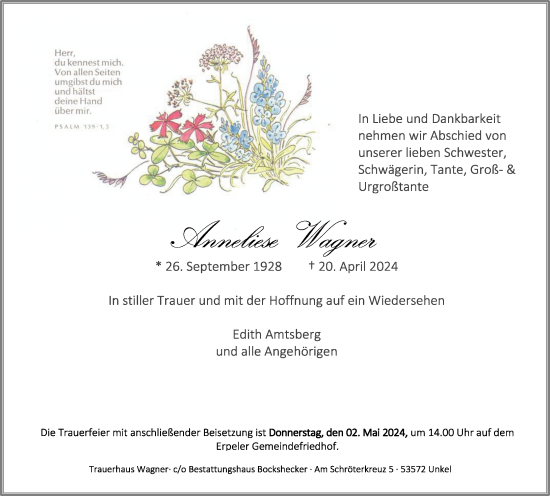 Anzeige von Anneliese Wagner von General-Anzeiger Bonn