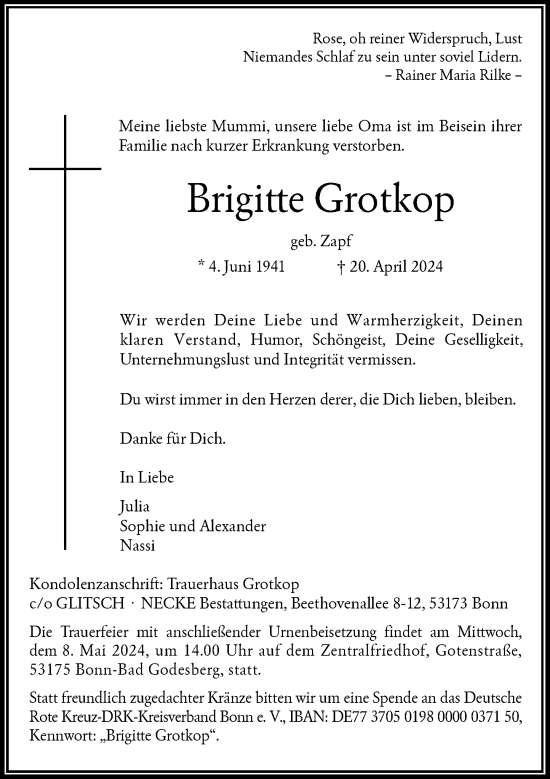 Anzeige von Brigitte Grotkop von General-Anzeiger Bonn
